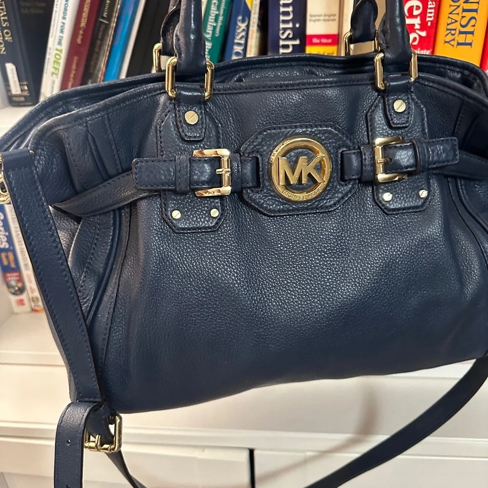 Michael Kors Navy Leather Satchel with Gold-Tone MK Emblem